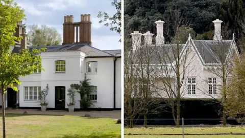 Shutterstock / Matrix Media A composite image shows on the left Frogmore Cottage and on the right Adelaide Cottage, both located in Windsor, they are both medium-sized rural residential buildings painted in white and cream respectively.