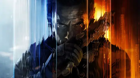 Activision A computer rendered image shows a man bathed in shadow holding a pistol in his hand, obscuring the lower half of his face. He's behind a wavy blue/red glass effect screen.