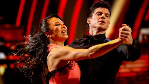 BBC/PA Wire BBC handout photo of presenters Lewis Cope and Katya Jones during their appearance on the live show of Saturday's Strictly Come Dancing show on BBC1. Picture date: Saturday October 25, 2025

