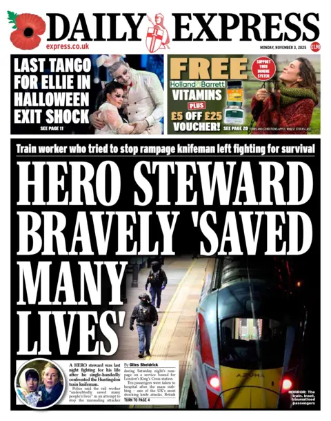 The headline on the front page of Daily Express reads: "Hero steward bravely 'saved many lives'." 