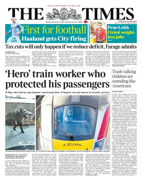 The headline on the front page of the Times reads: "'Hero' train worker who protected his passengers."