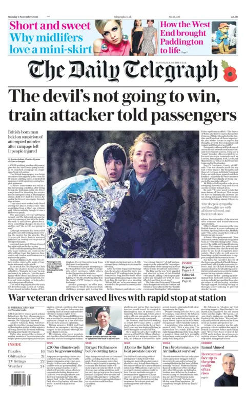 The headline on the front page of the Daily Telegraph reads: "The devil's not going to win, train attacker told passengers". 