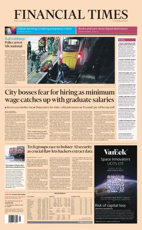 The headline on the front page of the Financial Times reads: "City bosses fear for hiring as minimum wage catches up with graduate salaries."