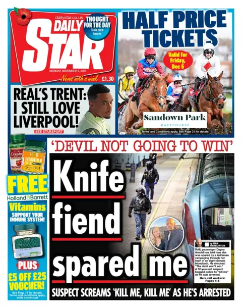 The headline on the front page of the Daily Star reads: "Knife fiend spared me". 