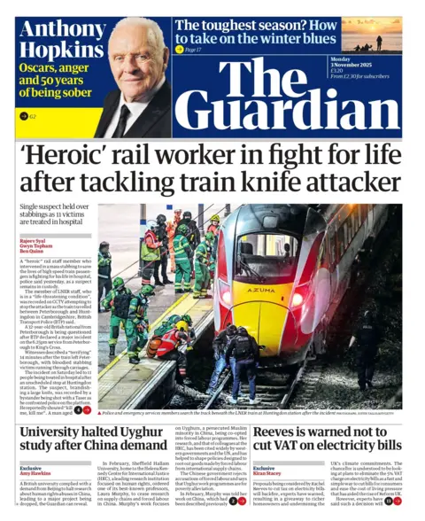 The headline on the front page of the Guardian reads: "'Heroic' rail worker in fight for life after tackling train knife attacker."