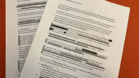 A partly redacted internal document marked confidential which shows Sheffield Hallam university's concerns about pressure from China