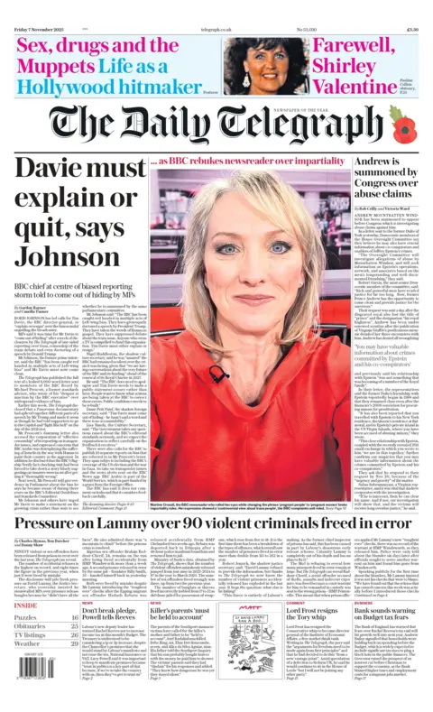 "Davie must explain or quit, says Johnson: BBC chief at centre of biased reporting storm told to come out of hiding by MPs," reads the Daily Telegraph's headline on the front page 