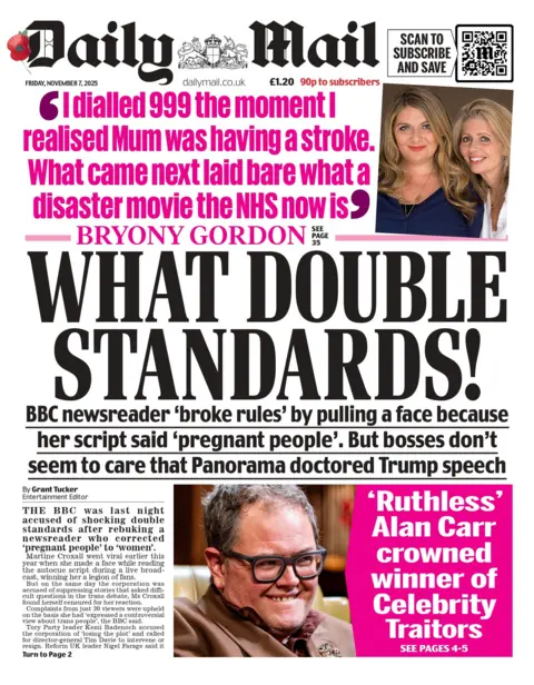 "WHAT DOUBLE STANDARDS! BBC newsreader 'broke rules' by pulling a face because her script said 'pregnant people'. But bosses don't seem to care that Panorama doctored Trump speech", is the headline on the front page of the Daily Mail
