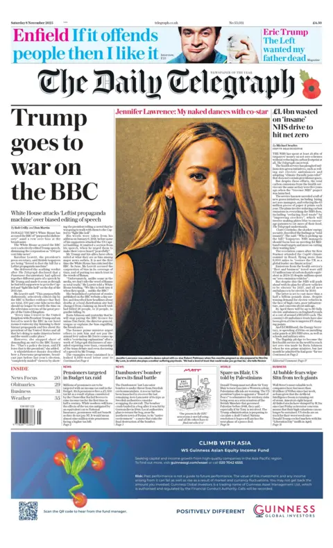 "Trump goes to war on the BBC," reads the headline on the front page of the Daily Telegraph