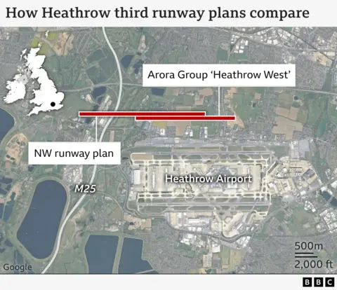 A map of proposals for expanding Heathrow Airport.