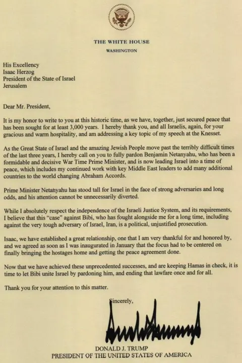 Israel GPO Letter from US President Donald Trump to Israel's President Isaac Herzog