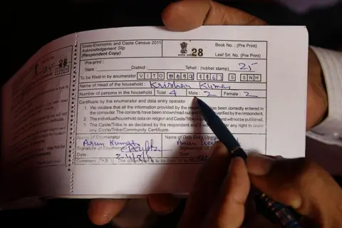 Fairfax Media via Getty Images CHANDGRAH, INDIA - AUGUST 24: An example of the receipt given to participants in the caste census in India. The last caste census was held by British colonial authorities in 1931. (Photo by Kate Geraghty/The Sydney Morning Herald/Fairfax Media via Getty Images via Getty Images).