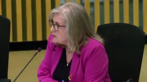 London Assembly Susan Hall is seen sitting at a desk speaking into a microphone, wearing glasses and a purple jacket.