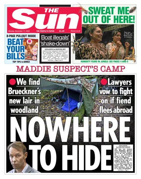 The headline on the front page of the Sun reads: “Nowhere to hide”.