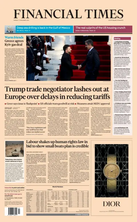 The headline on the front page of the Financial Times reads: “Trump trade negotiator lashes out at Europe over delays in reducing tariffs”.