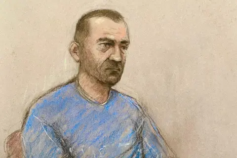 PA Media A sketch of David Carrick in court, wearing a blue T-shirt, unshaven and with a short buzz cut.