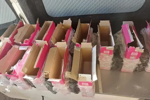 National Crime Agency Opened, empty boxes of washing powder lined up in rows.