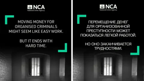 National Crime Agency Two of the NCA's posters aimed at disrupting the transportation of money. They read: "Moving money for organised criminals might seem like easy work. But it ends with hard time." The text is superimposed over the image of a depressing prison cell.