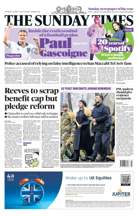 The headline on the front page of the Sunday Times reads: "Reeves to scrap benefit cap but pledge reform". 
