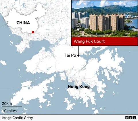 Map that labels China, Hong Kong and Tai Po, which is in the centre of the map. Tai Po has a pin, which leads to a box showing what Wang Fuk Court looked like before the fire