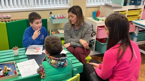 Two women with brown hair sit at a small green table in a school, speaking with two children. The boys both have short dark hair and have colouring materials in front of them. One is wearing a blue sweatshirt and the other is in a green sleeveless jacket with a patterned hoodie underneath.