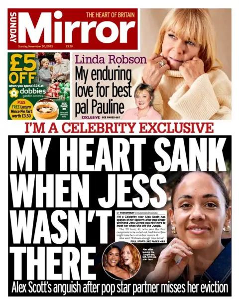The headline on the front page of the Sunday Mirror reads: "My heart sank when Jess wasn't there".