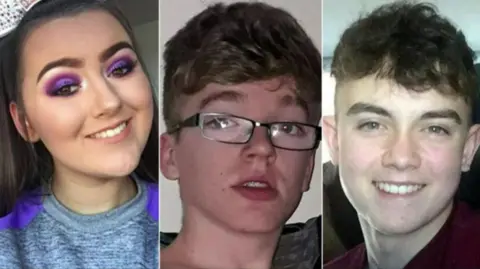 Euphoria Allstar Cheerleading/Family/Family A composite image of three young people. One the left is a young girl, Lauren Bullock - she is smiling and has purple eye shadow and is wearing a purple and grey athletic top. In the middle is Morgan Barnard - he has wavy fair hair and glasses. On the right is Connor Currie, he has wavy dark hair and is smiling broadly. He is wearing a red top. 