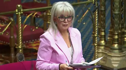 PA Media Baroness Helen Newlove, with long blonde hair and dark glasses, wears a pink suit as she addresses the House of Lords. She is holding some papers and a pen.