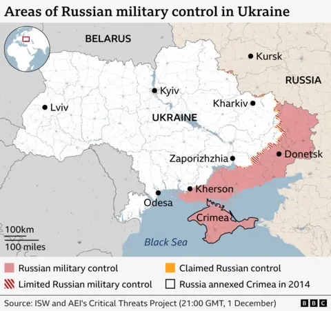 Map showing areas of Ukraine under Russian occupation