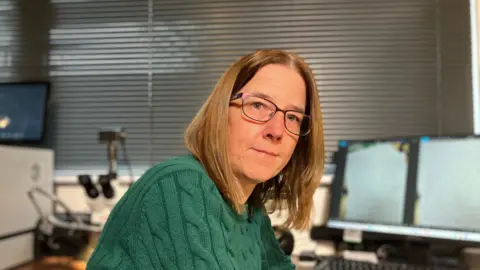 Lis Briggs, who is wearing glasses and a green jumper, and is sitting in front of a computer