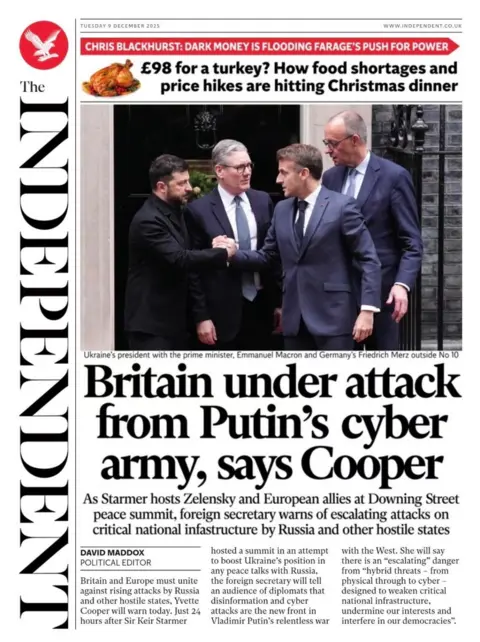 "Britain under attack from Putin's cyber army, says Cooper," reads the headline on the front page of the Independent.
