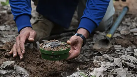 Getty Images A pair of hands from a person kneeling on the ground, with the left hand holding a freshly excavated land-mine which still has dirt resting on its top. A shovel on the ground in the side of the shot