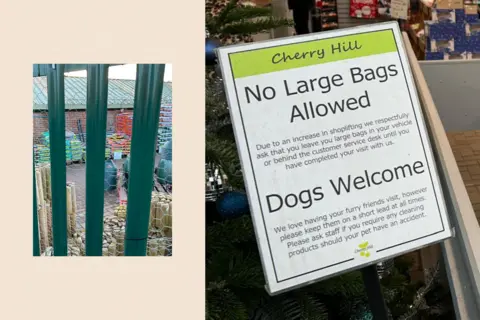 Two images: Cherry Hill Garden Centre and a sign in the centre which reads "No large bags allowed."