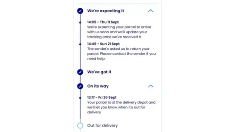 Alison McNeilly This is an example of a customers delivery message from Evri which shows no progress on an order since September. It displays a blue timeline. 