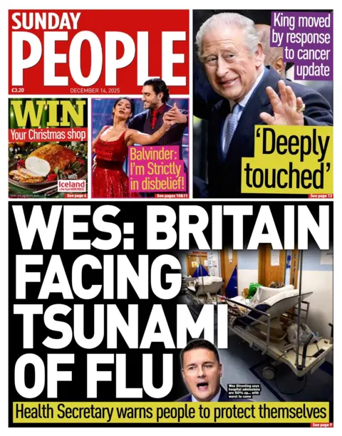 "Wes: Britain facing tsunami of flu, Health Secretary warns people to protect themselves" writes the Sunday People in its headline on the paper's front page.