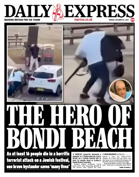 The headline on the front page of the Daily Express reads: "The hero of Bondi Beach".