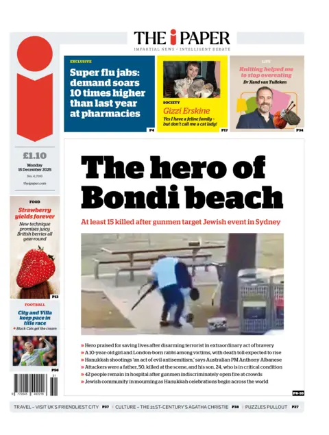 The headline on the front page of the i Paper reads: "The hero of Bondi beach".