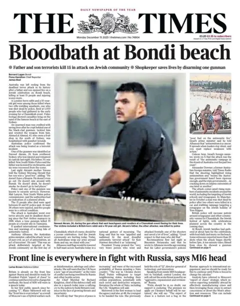 The headline on the front page of the Times reads: "Bloodbath at Bondi beach".