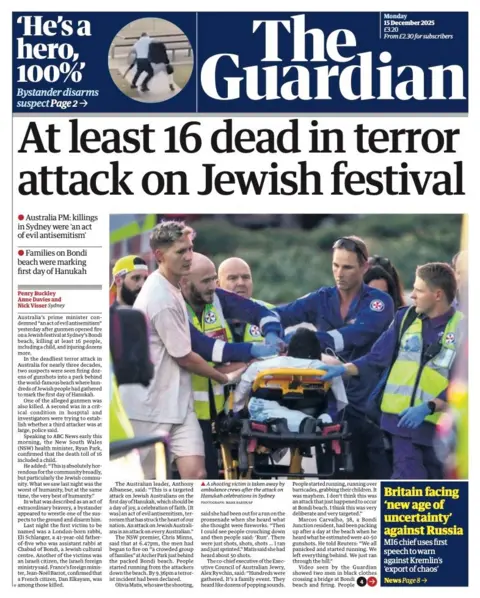 The headline on the front page of the Guardian reads: "At least 16 dead in terror attack on Jewish festival".