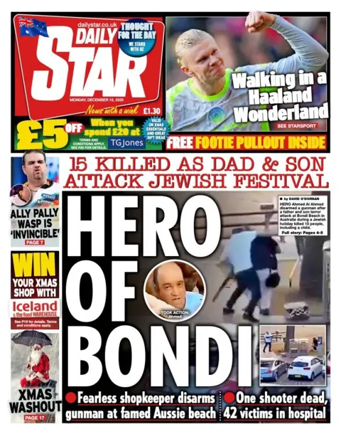 The headline on the front page of the Daily Star reads: "Hero of Bondi".
