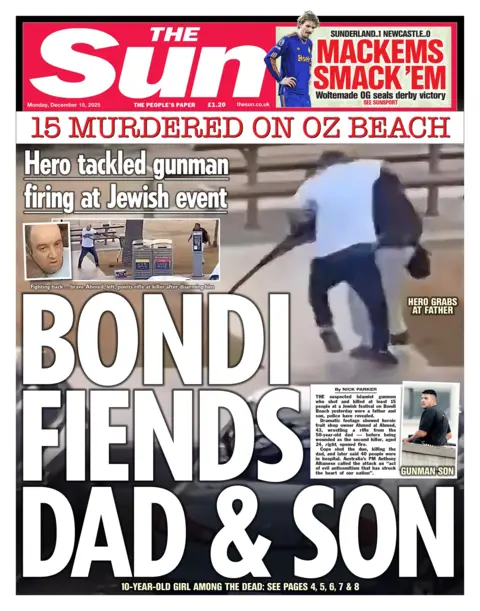 The headline on the front page of the Sun reads: "Bondi fiends dad and son".