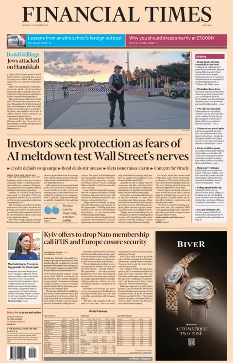 The headline on the front page of the Financial Times reads: "Bondi killings".