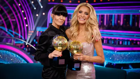 Claudia Winkleman and Tess Daly with glitterball trophies