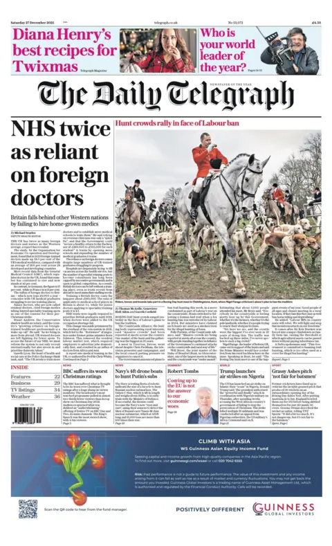 The headline on the front page of the Daily Telegraph reads: "NHS twice as reliant on foreign doctors".