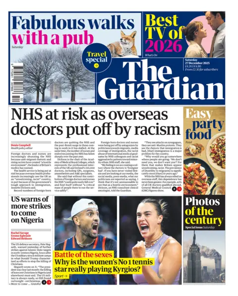 The headline on the front page of the Guardian reads: "NHS at risk as overseas doctors put off by racism".