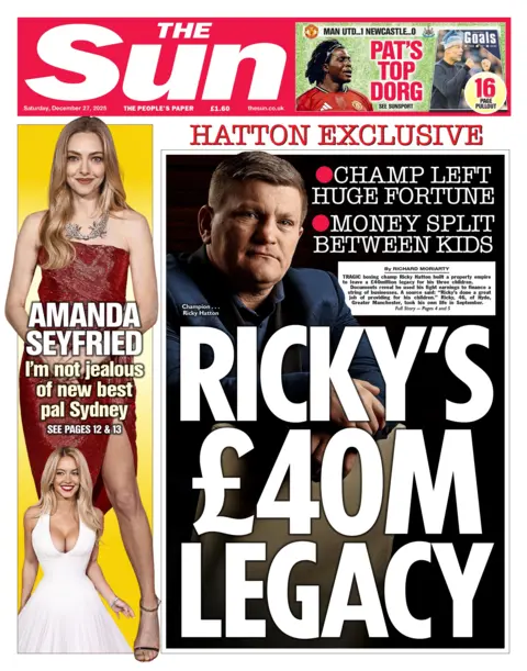 The headline on the front page of the Sun reads: "Ricky's £40m legacy".