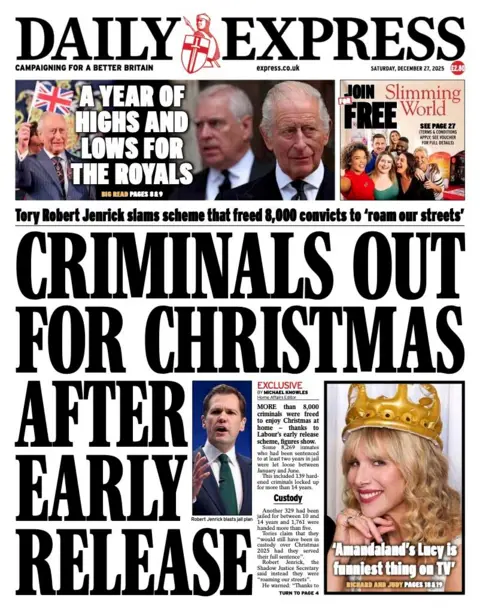 The headline on the front page of the Daily Express reads: "Criminals out for Christmas after early release". 