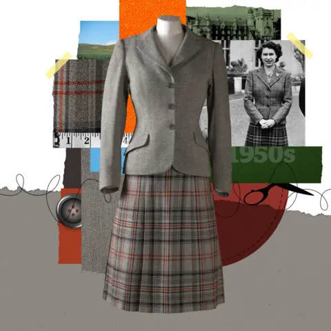 Queen Fashion illustration - includes image of grey tweed jacket with a cinched waist and a grey and red knee-length tartan skirt are seen on a mannequin and the young Queen wearing a different checked tweed blazer and darker tartan knee-length skirt, with the Duke of Edinburgh, Prince Charles and Princess Anne at Balmoral Castle
