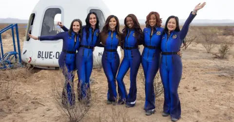 EPA (L-R) Kerianne Flynn, Katy Perry, Lauren Sanchez, Aisha Bowe, Gayle King and Amanda Nguyen in front of Blue Origin's New Shepard NS-31 rocket following a short mission into orbit after taking off from Launch Site One in Van Horn, Texas, USA, 14 April 2025. 