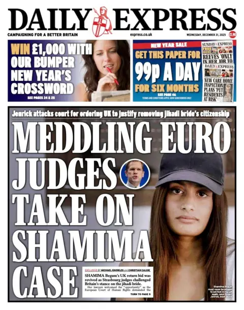 The headline on the front page of the Daily Express reads: "Meddling Euro Judges Take On Shamima Case."